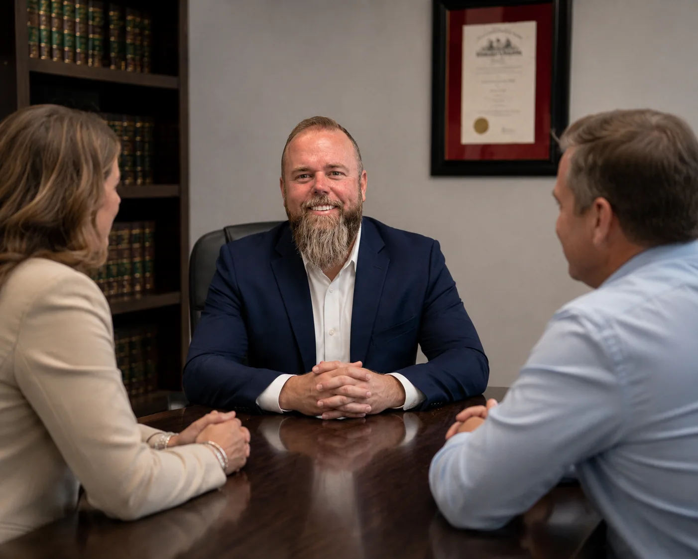 Joel Harris seated at a conference table with two mediation participants in a law office setting.