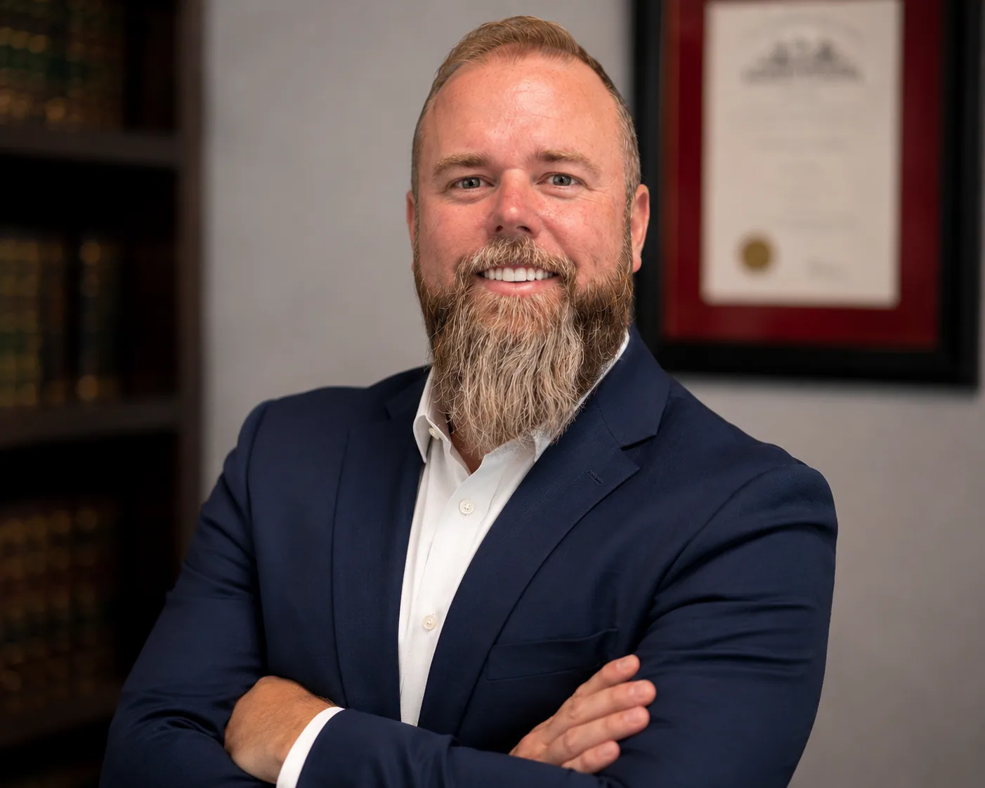 Joel Harris in a navy suit jacket smiling in a professional office portrait.