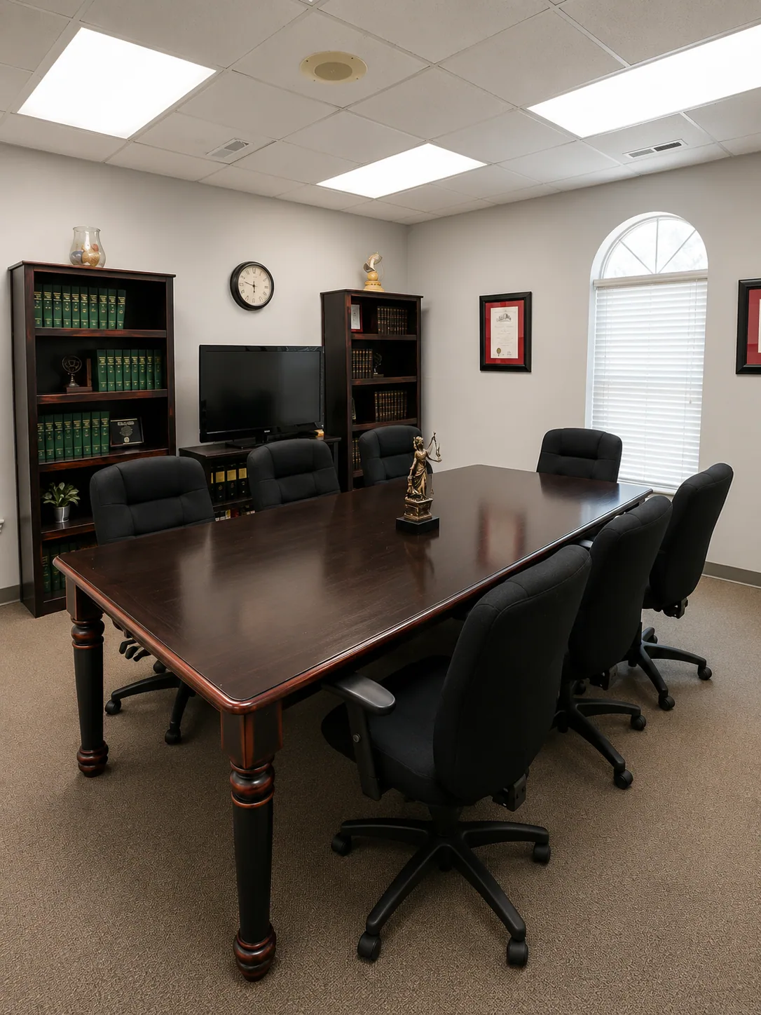 A professional conference room with a large table, chairs, bookshelves, framed certificates, and a window.