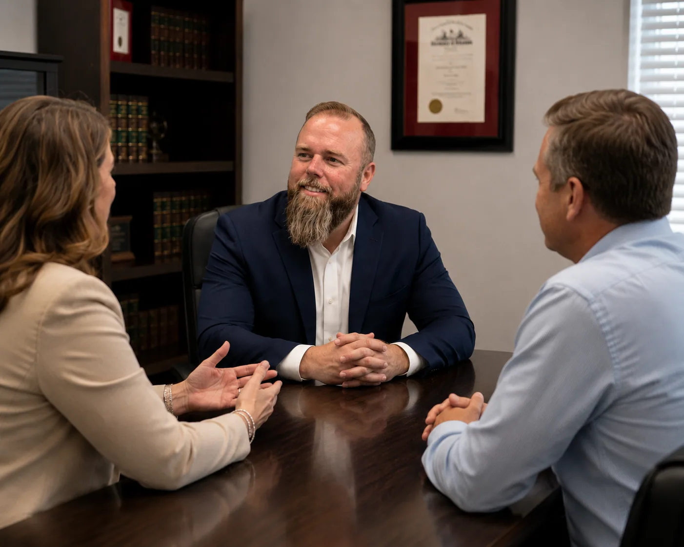 Joel Harris listening at a conference table while two mediation participants discuss issues.